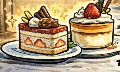 ピースボートのレストランでコース料理を自由に選べるため、控えめにするつもりがデザートを2つ頼んで食べすぎてしまった体験を描いた4コマ漫画のアイキャッチ