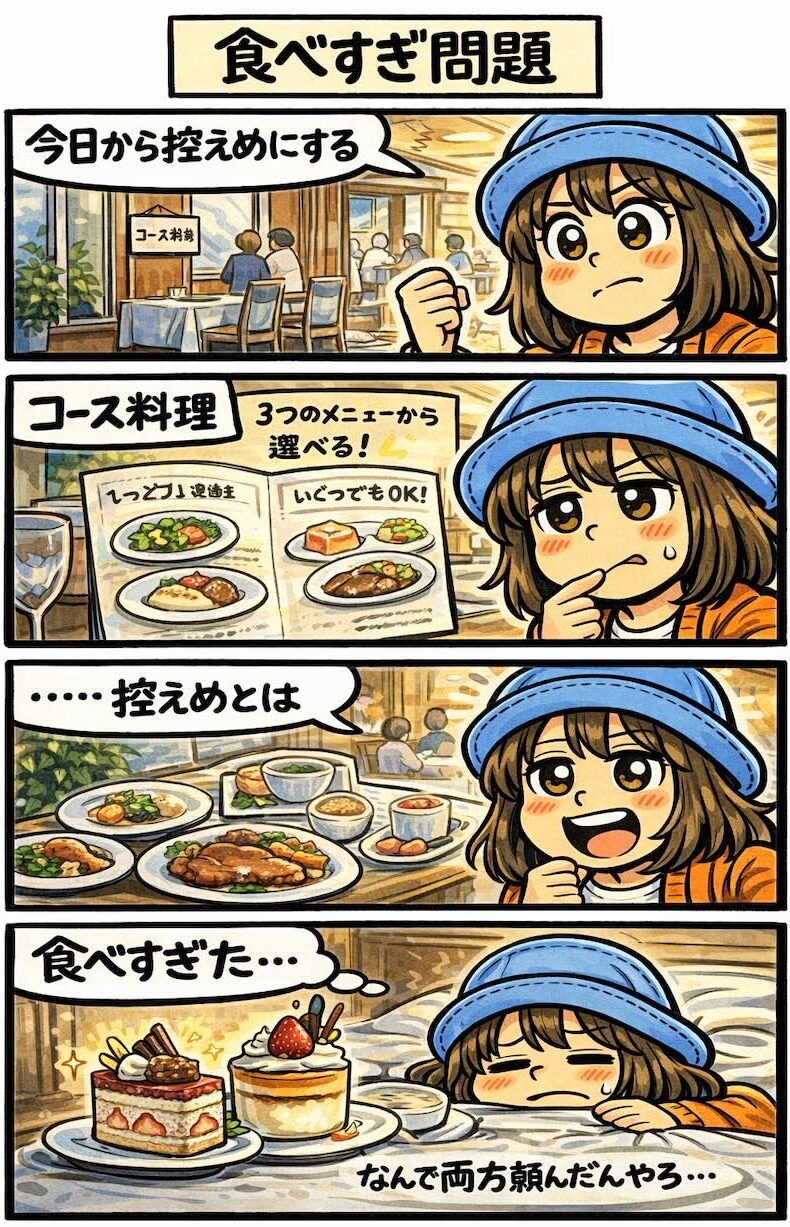 ピースボートのレストランでコース料理を自由に選べるため、控えめにするつもりがデザートを2つ頼んで食べすぎてしまった体験を描いた4コマ漫画