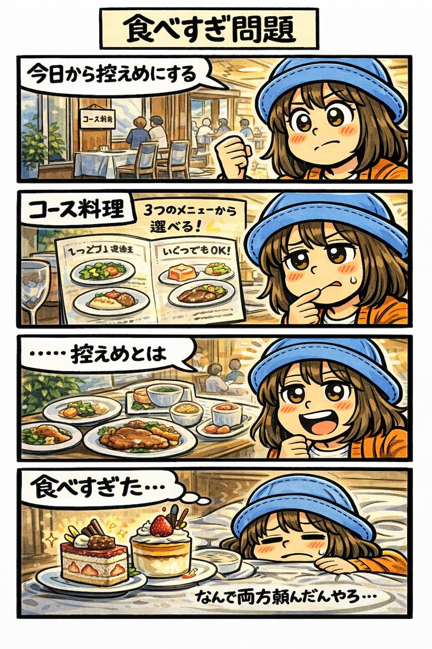 ピースボートのレストランでコース料理を自由に選べるため、控えめにするつもりがデザートを2つ頼んで食べすぎてしまった体験を描いた4コマ漫画