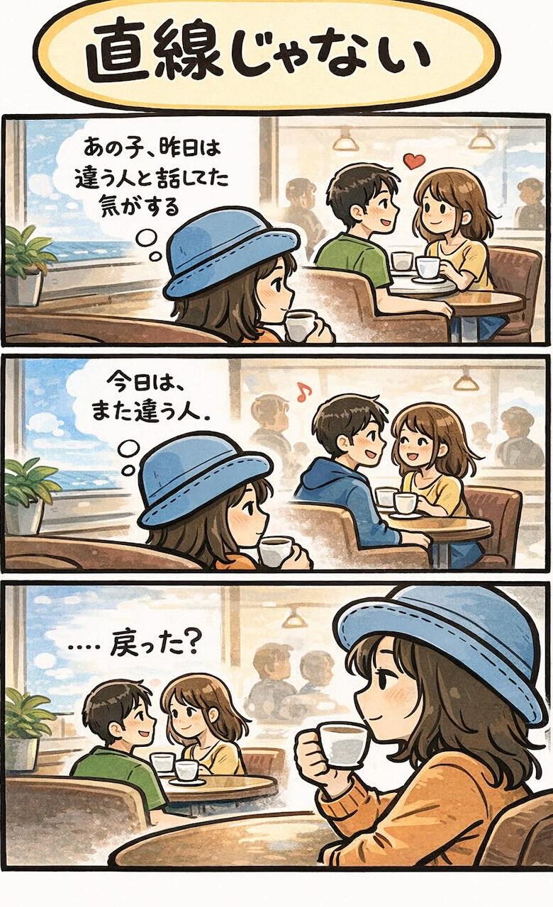 人間関係は直線じゃないと気づいた瞬間を描いた4コマ漫画。距離感や気持ちの揺れを観察者目線で描く大人のロマンスストーリー