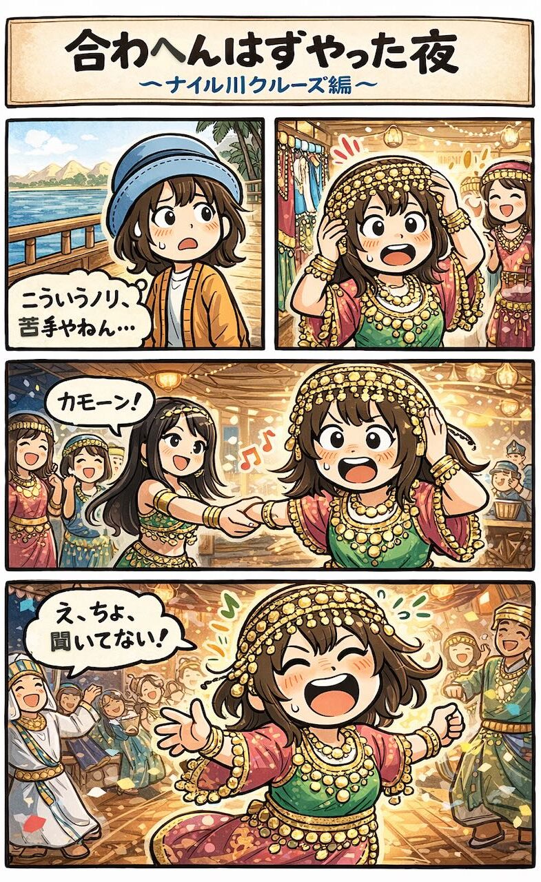 エジプト旅行のナイル川クルーズで開催されたガラベーヤパーティー。ノリが苦手なはずの日本人女性が、衣装を着て踊り子に誘われ、気づけば全員で踊っていた体験を描いた4コマ漫画。