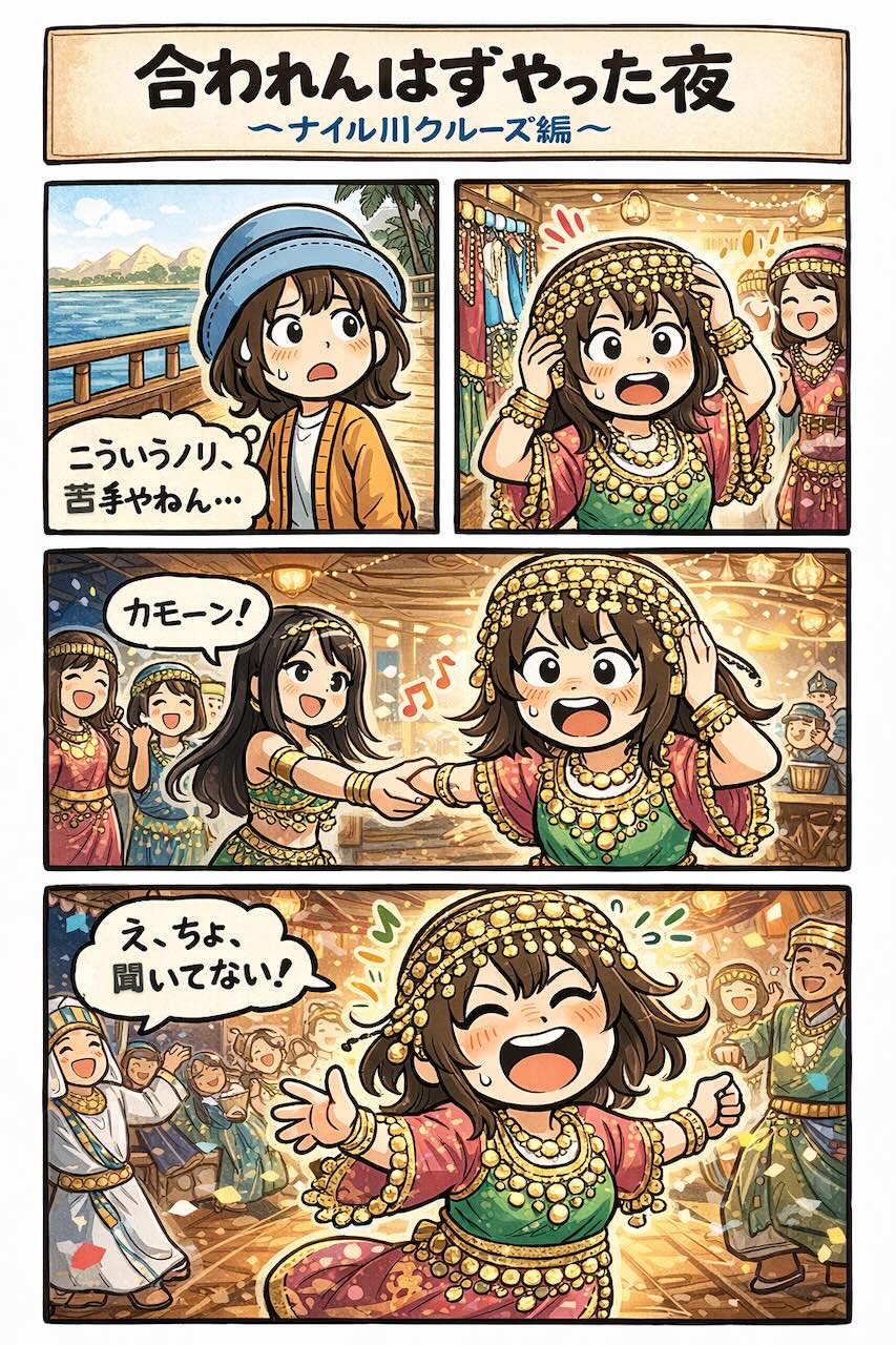 エジプト旅行のナイル川クルーズで開催されたガラベーヤパーティー。ノリが苦手なはずの日本人女性が、衣装を着て踊り子に誘われ、気づけば全員で踊っていた体験を描いた4コマ漫画。