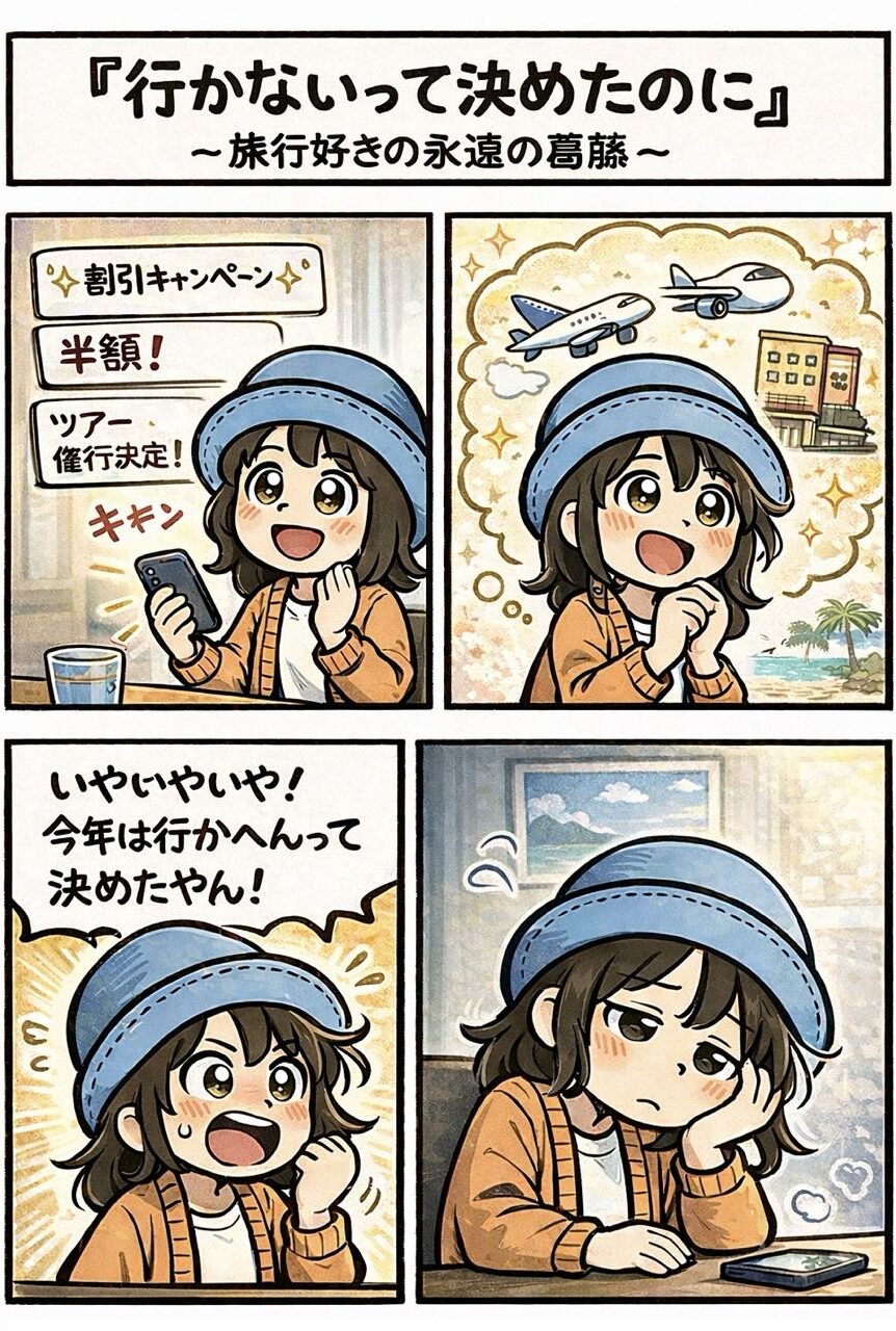 旅行好きあるある｜割引キャンペーン・半額・ツアー催行決定の通知に心が揺れるAppyの葛藤を描いた4コマ漫画