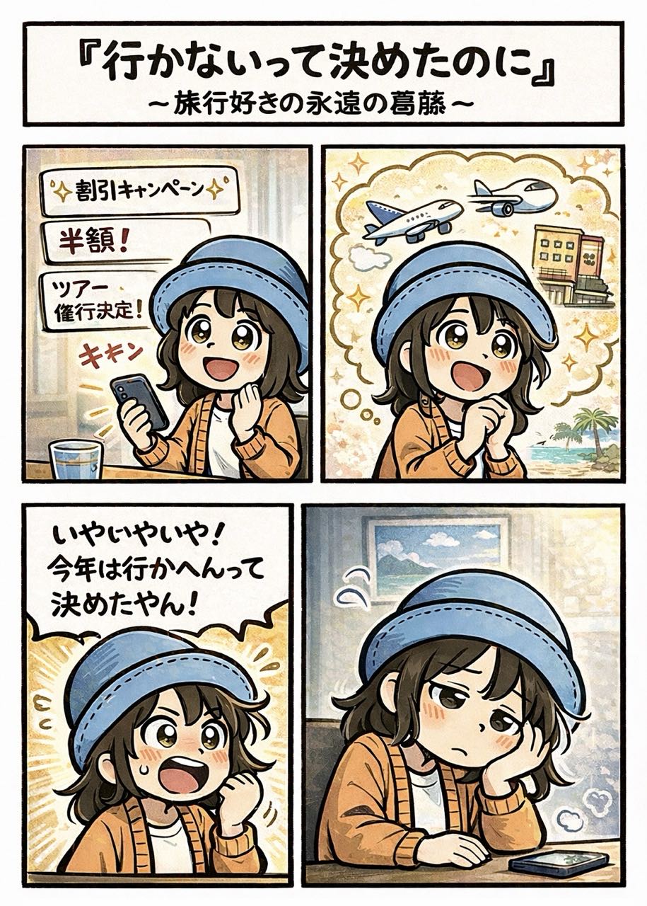 旅行好きあるある｜割引キャンペーン・半額・ツアー催行決定の通知に心が揺れるAppyの葛藤を描いた4コマ漫画