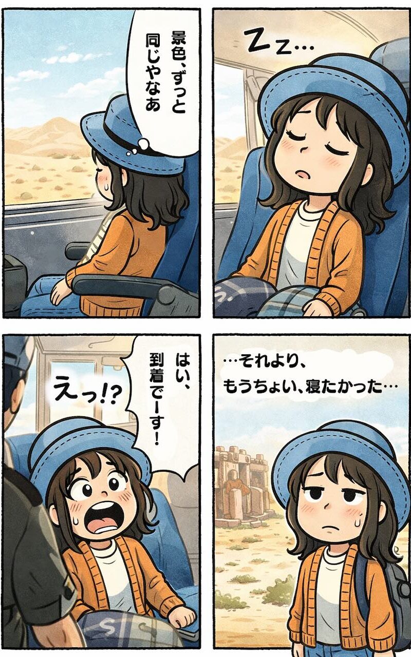 エジプトの砂漠を走るバスで居眠りしていたら「到着でーす！」で飛び起きるAppyの4コマ漫画（景色ずっと同じ・もう少し寝たかった）