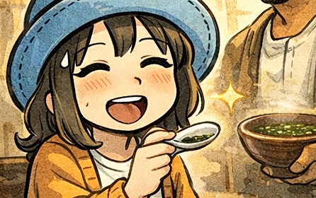 エジプト旅行のレストランでモロヘイヤスープを初体験するAppyの4コマ漫画のアイキャッチ（見た目で警戒→食べたら意外と美味しい）