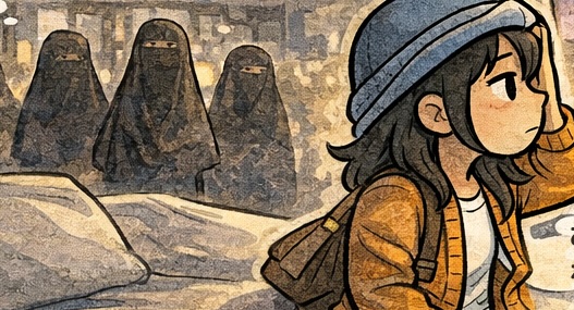 エジプト旅行でベール（布）をまとった女性たちを見て戸惑い、文化や宗教の背景を考えながら静かに胸がざわつくAppyの漫画のアイキャッチ（布の向こうの顔を想像する夜）