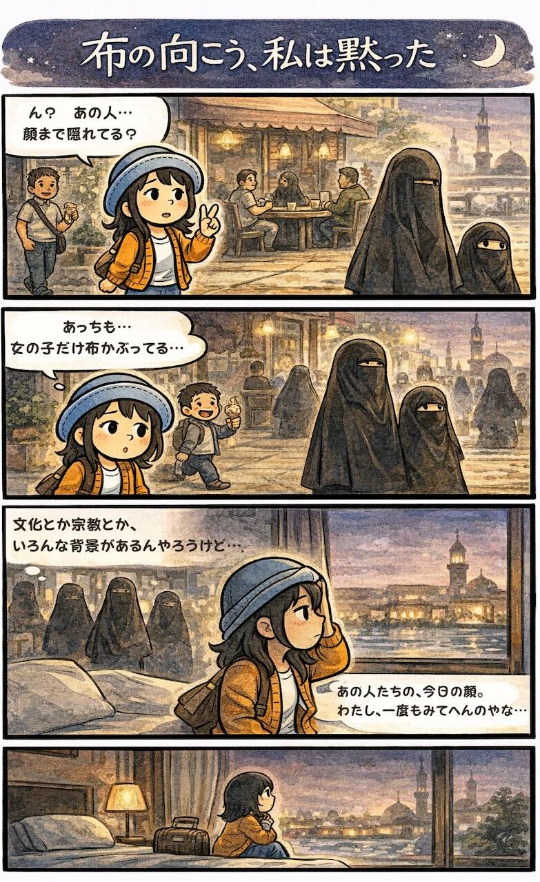 エジプト旅行でベール（布）をまとった女性たちを見て戸惑い、文化や宗教の背景を考えながら静かに胸がざわつくAppyの漫画（布の向こうの顔を想像する夜）