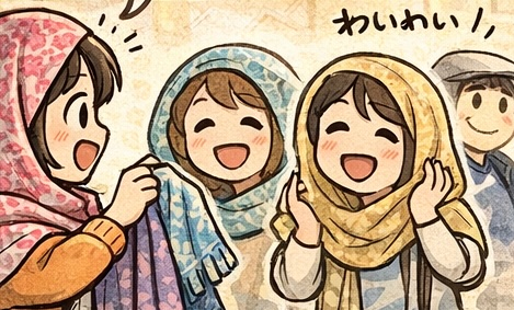 エジプト旅行でスカーフ（ヒジャブ）文化にモヤっとしつつ、現地の女の子にスカーフを巻かれて「似合う！」と盛り上がるAppyの漫画のアイキャッチ（かわいいけど複雑な気持ち）