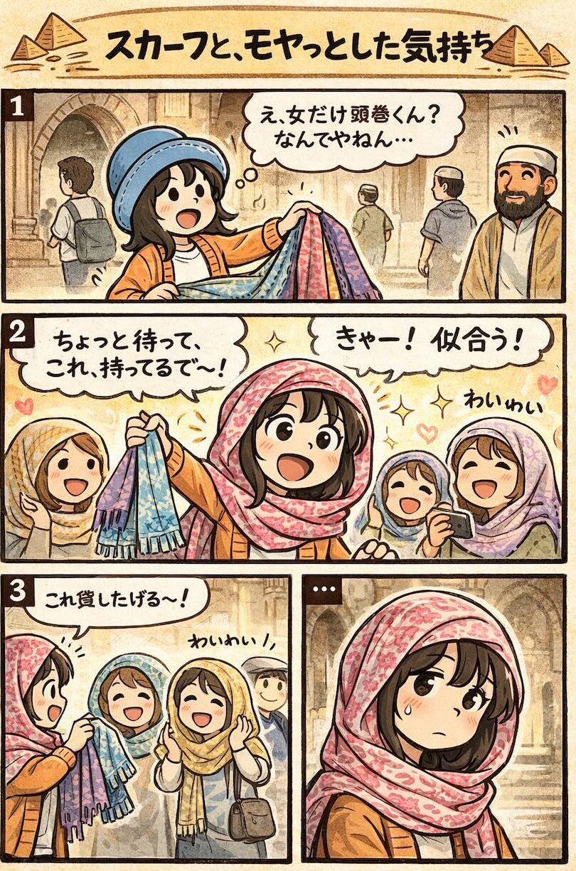 エジプト旅行でスカーフ（ヒジャブ）文化にモヤっとしつつ、現地の女の子にスカーフを巻かれて「似合う！」と盛り上がるAppyの漫画（かわいいけど複雑な気持ち）