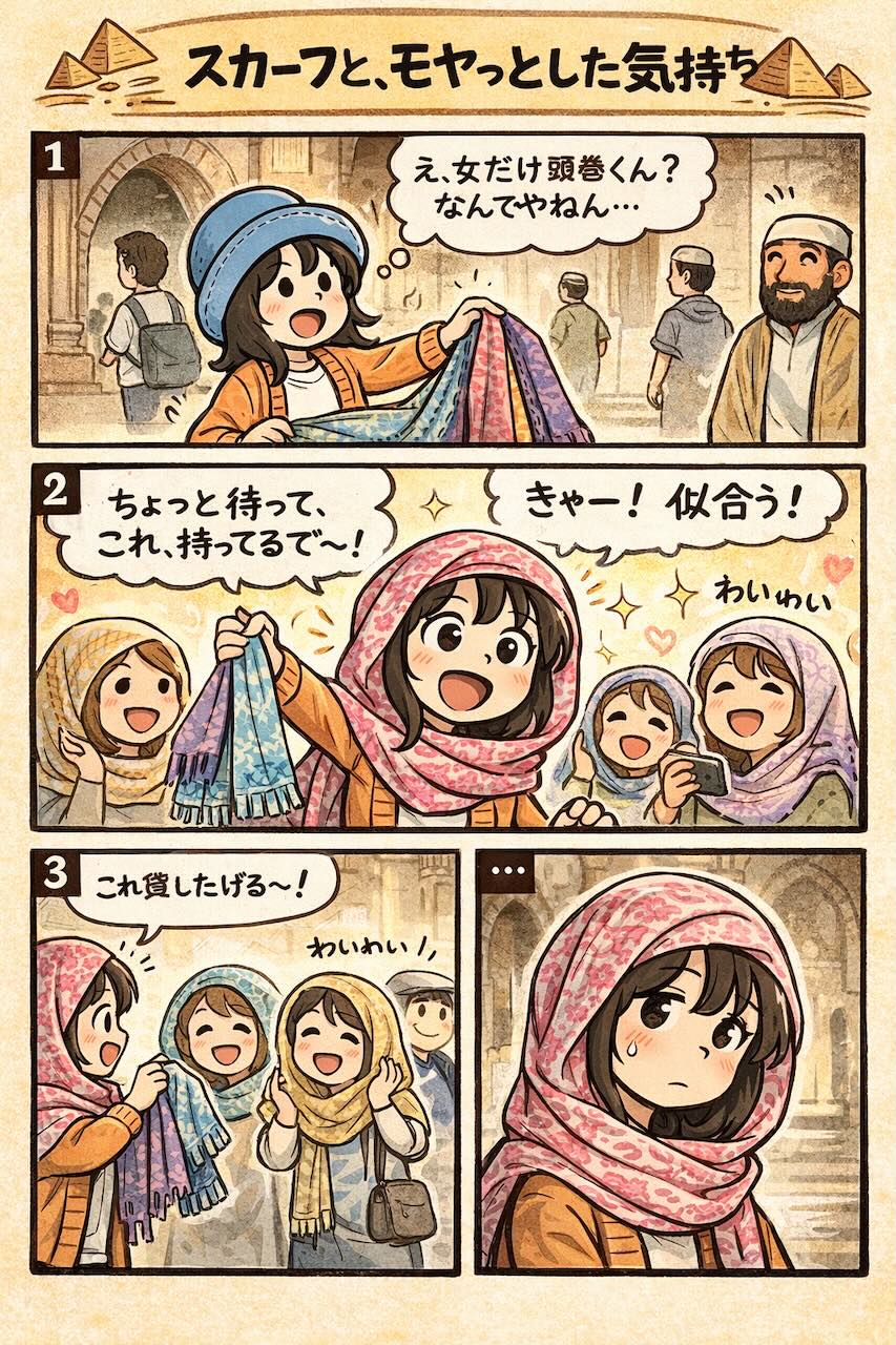 エジプト旅行でスカーフ（ヒジャブ）文化にモヤっとしつつ、現地の女の子にスカーフを巻かれて「似合う！」と盛り上がるAppyの漫画（かわいいけど複雑な気持ち）
