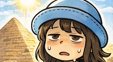 エジプト旅行でギザのピラミッド内部に入れて感動するも、狭さと蒸し暑さで中腰地獄になるAppyの4コマ漫画のアイキャッチ（2月でも暑い・体力勝負）