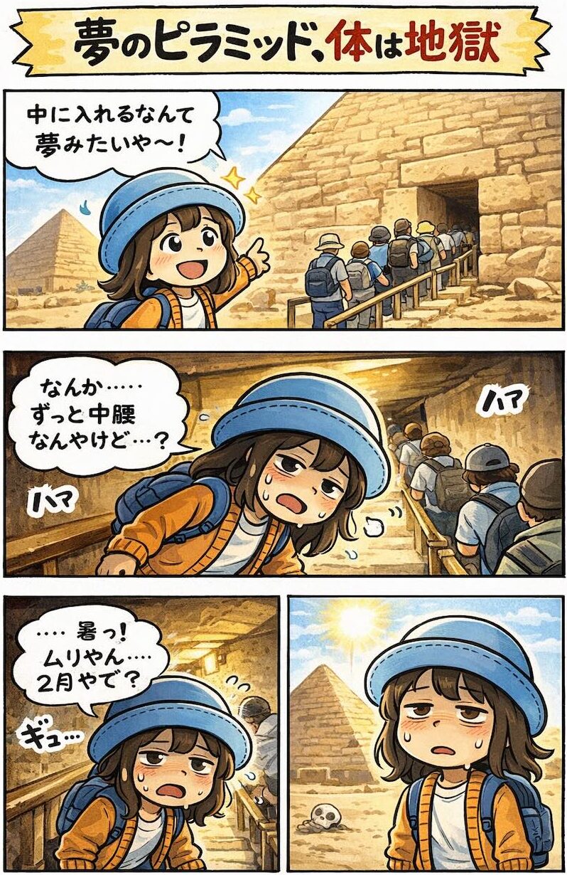 エジプト旅行でギザのピラミッド内部に入れて感動するも、狭さと蒸し暑さで中腰地獄になるAppyの4コマ漫画（2月でも暑い・体力勝負）
