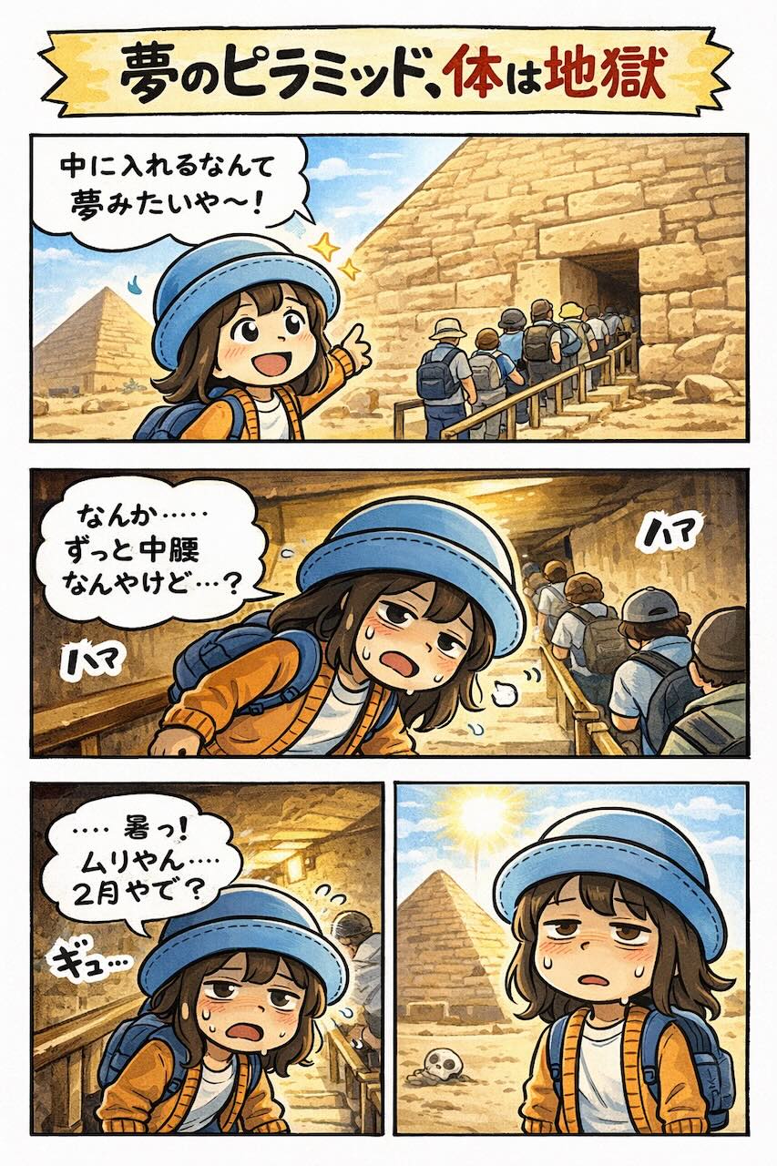 エジプト旅行でギザのピラミッド内部に入れて感動するも、狭さと蒸し暑さで中腰地獄になるAppyの4コマ漫画（2月でも暑い・体力勝負）