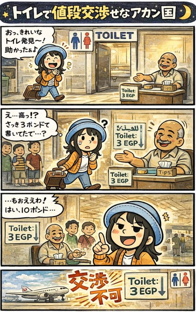 エジプト旅行のトイレで料金が毎回変わって戸惑うAppyの4コマ漫画(Toilet 3EGPなのに値段交渉される・チップ文化・空港でも交渉不可)