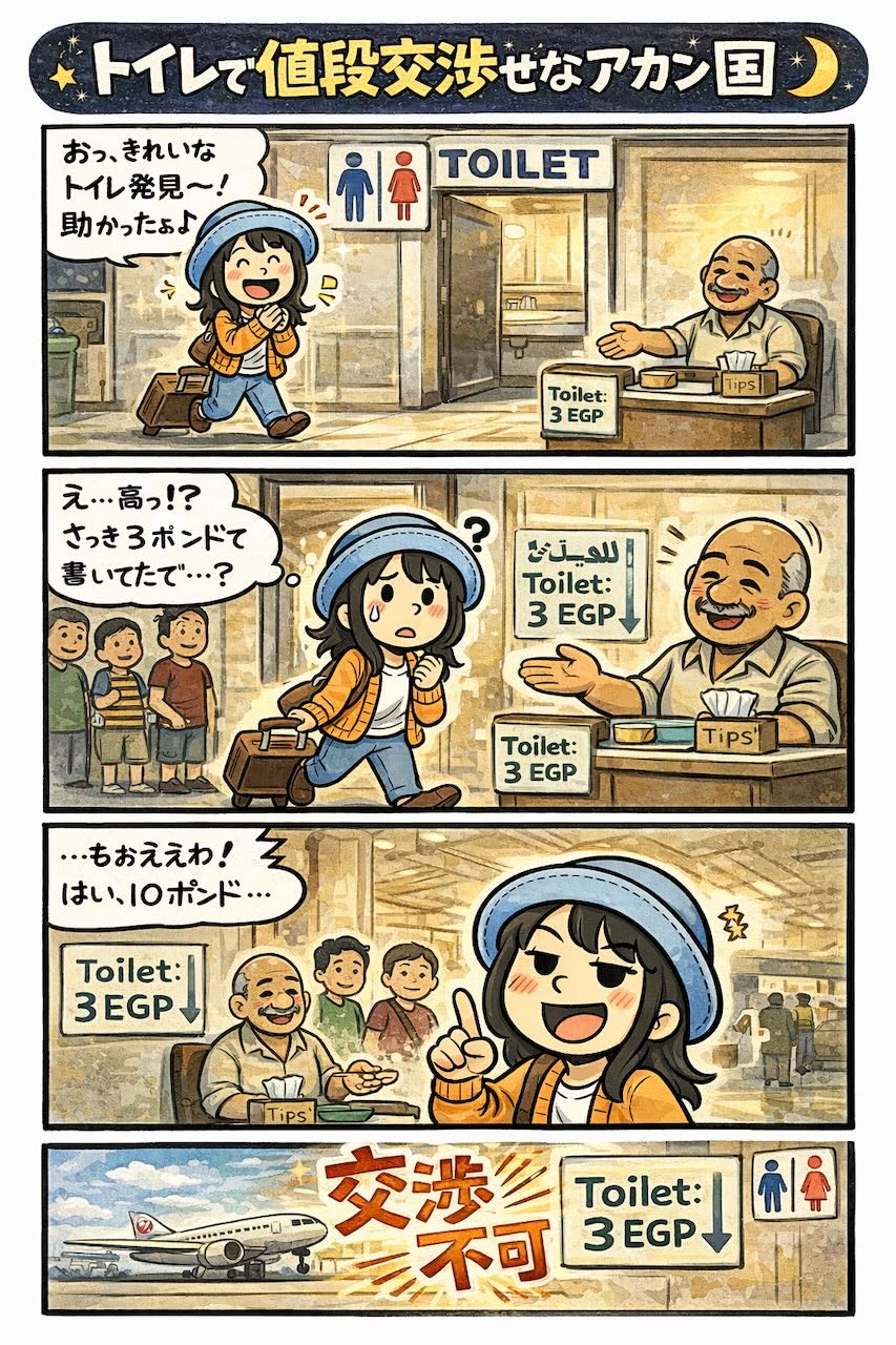 エジプト旅行のトイレで料金が毎回変わって戸惑うAppyの4コマ漫画（Toilet 3EGPなのに値段交渉される・チップ文化・空港でも交渉不可）