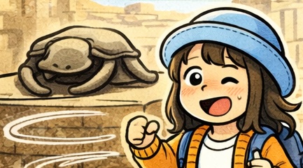 エジプト旅行でスカラベ像の周りを7回回ると願いが叶うと聞き、数を忘れて願いごとまで忘れるAppyの4コマ漫画のアイキャッチ（ぐるぐる・願いどこいった）