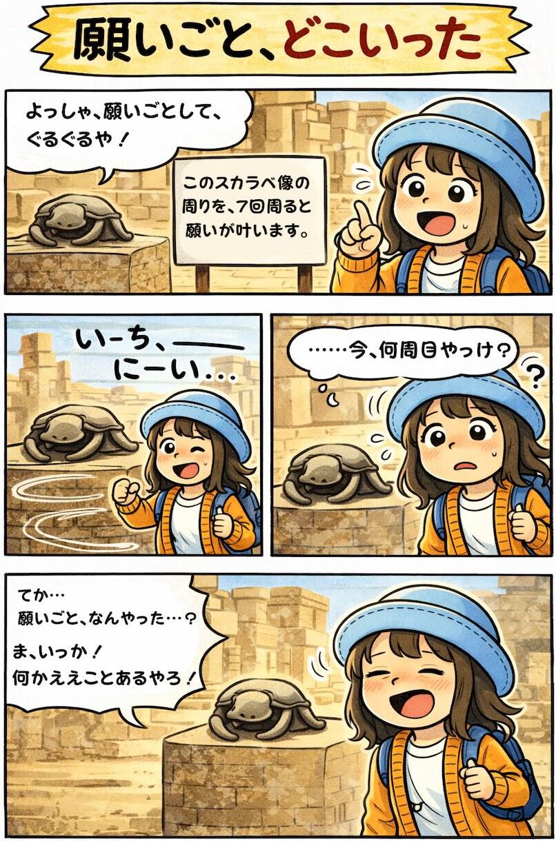 エジプト旅行でスカラベ像の周りを7回回ると願いが叶うと聞き、数を忘れて願いごとまで忘れるAppyの4コマ漫画（ぐるぐる・願いどこいった）