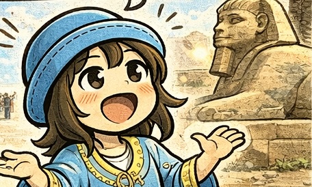 エジプト旅行でルクソールのスフィンクス参道に来たAppyが「全長約2km」と聞いて無理ゲー認定する4コマ漫画のアイキャッチ（立っただけで満足・王様どんだけ歩かせたいねん）