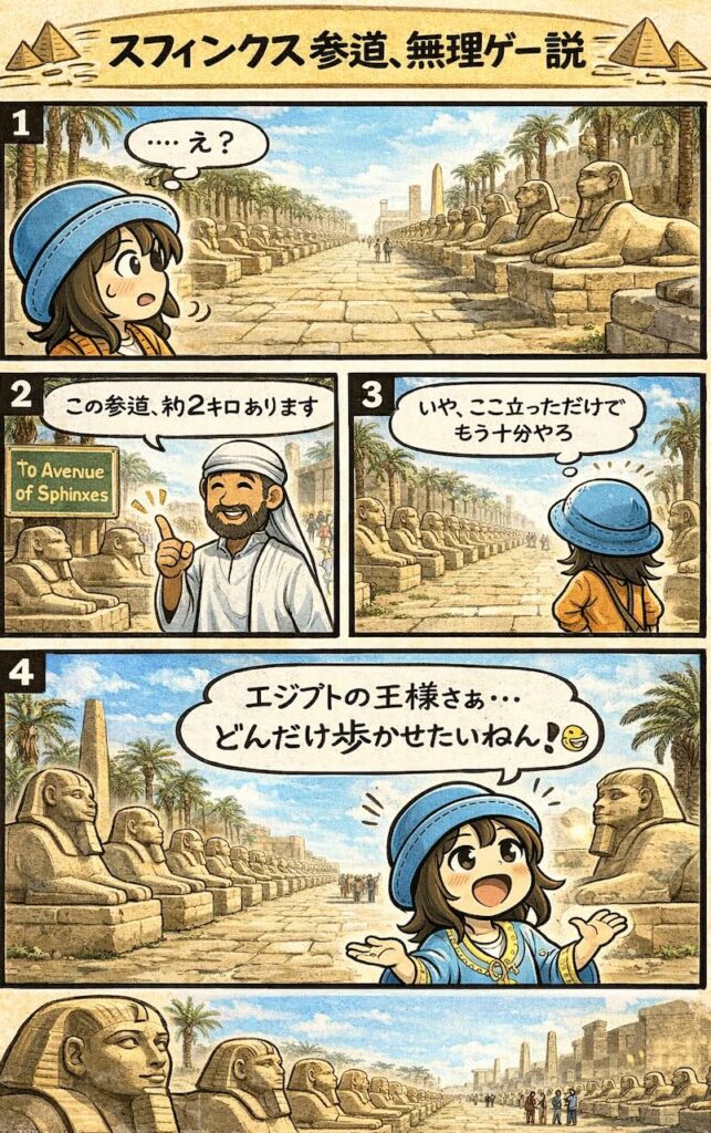 エジプト旅行でルクソールのスフィンクス参道に来たAppyが「全長約2km」と聞いて無理ゲー認定する4コマ漫画(立っただけで満足・王様どんだけ歩かせたいねん)