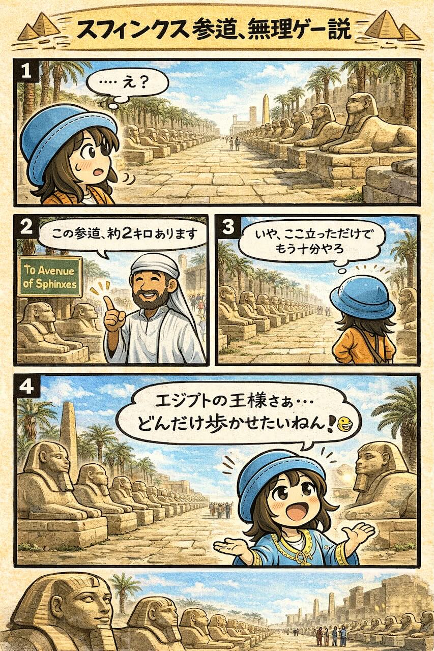 エジプト旅行でルクソールのスフィンクス参道に来たAppyが「全長約2km」と聞いて無理ゲー認定する4コマ漫画（立っただけで満足・王様どんだけ歩かせたいねん）