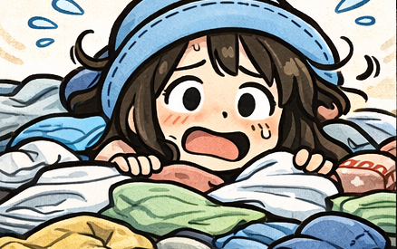 ピースボートの船室で大量の服を持ってきたものの、結局は着心地が良く洗濯しやすい服ばかり着てしまう様子を描いた4コマ漫画のアイキャッチ