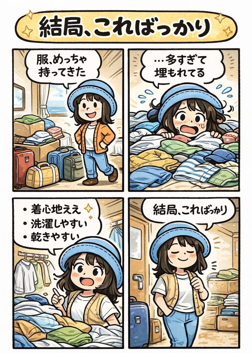 ピースボートの船室で大量の服を持ってきたものの、結局は着心地が良く洗濯しやすい服ばかり着てしまう様子を描いた4コマ漫画
