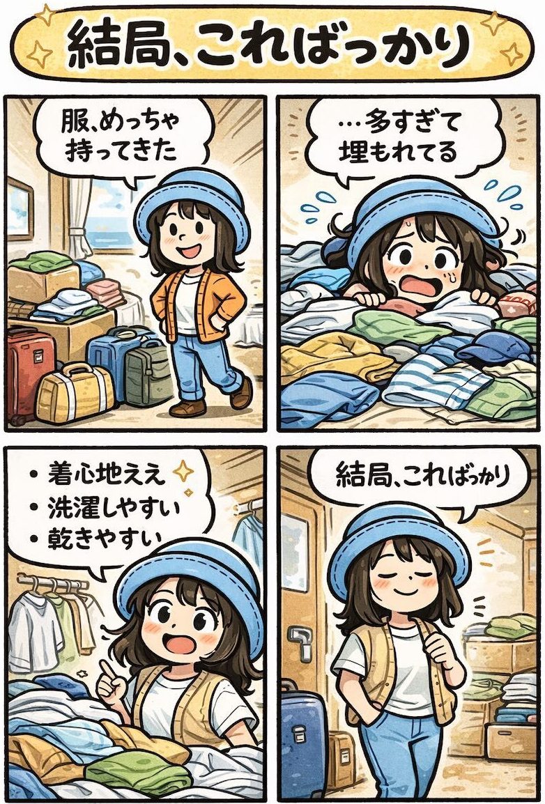 ピースボートの船室で大量の服を持ってきたものの、結局は着心地が良く洗濯しやすい服ばかり着てしまう様子を描いた4コマ漫画