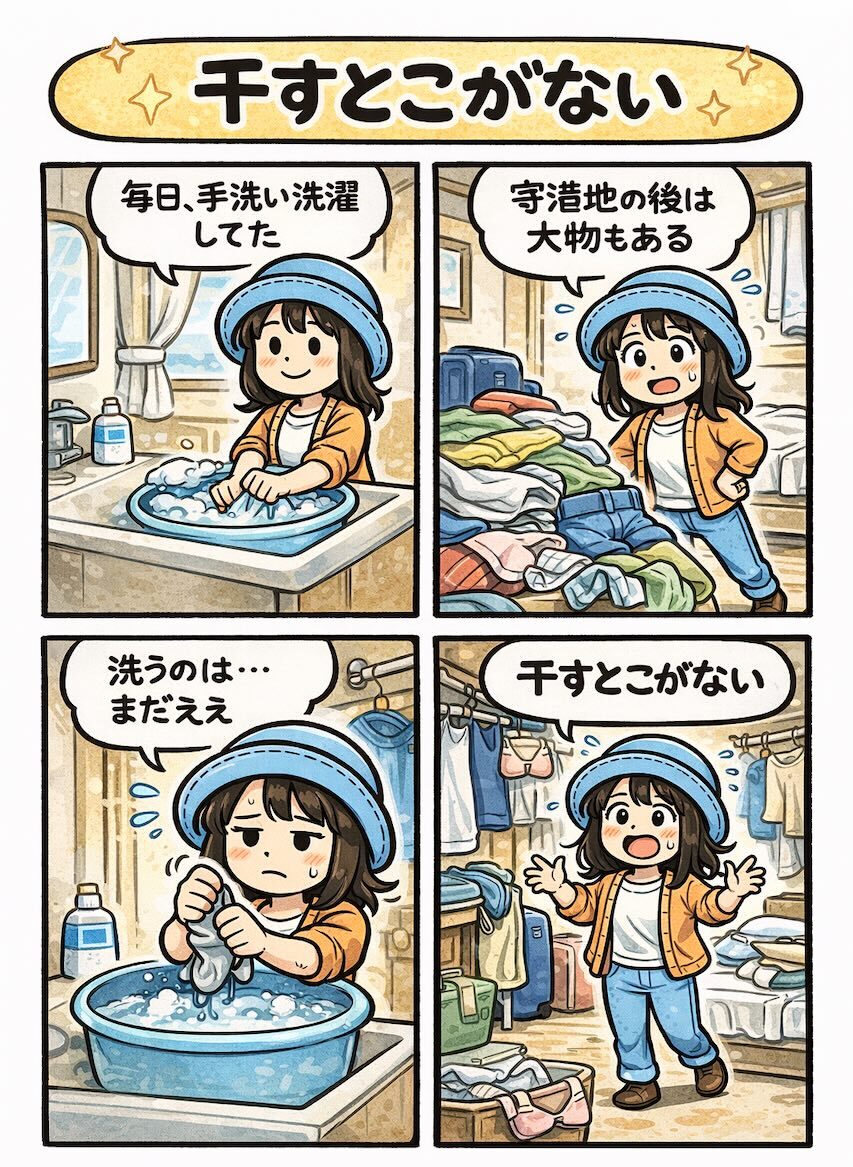 ピースボート船室で毎日手洗い洗濯をしているが、寄港地後の大量の洗濯物を干す場所がなく困る様子を描いた4コマ漫画