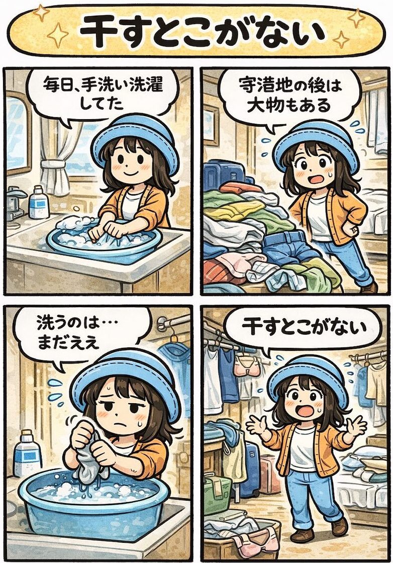 ピースボート船室で毎日手洗い洗濯をしているが、寄港地後の大量の洗濯物を干す場所がなく困る様子を描いた4コマ漫画