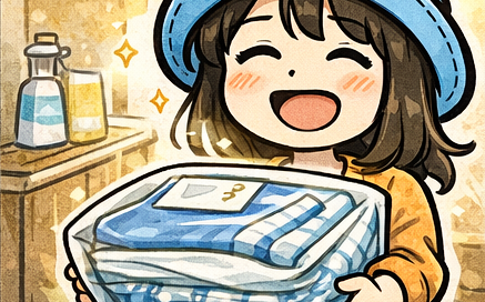 ピースボートのランドリーサービスを利用したところ、洗濯物は綺麗に戻ってきたが、お気に入りの服が縮んでしまい後悔する体験を描いた4コマ漫画のアイキャッチ