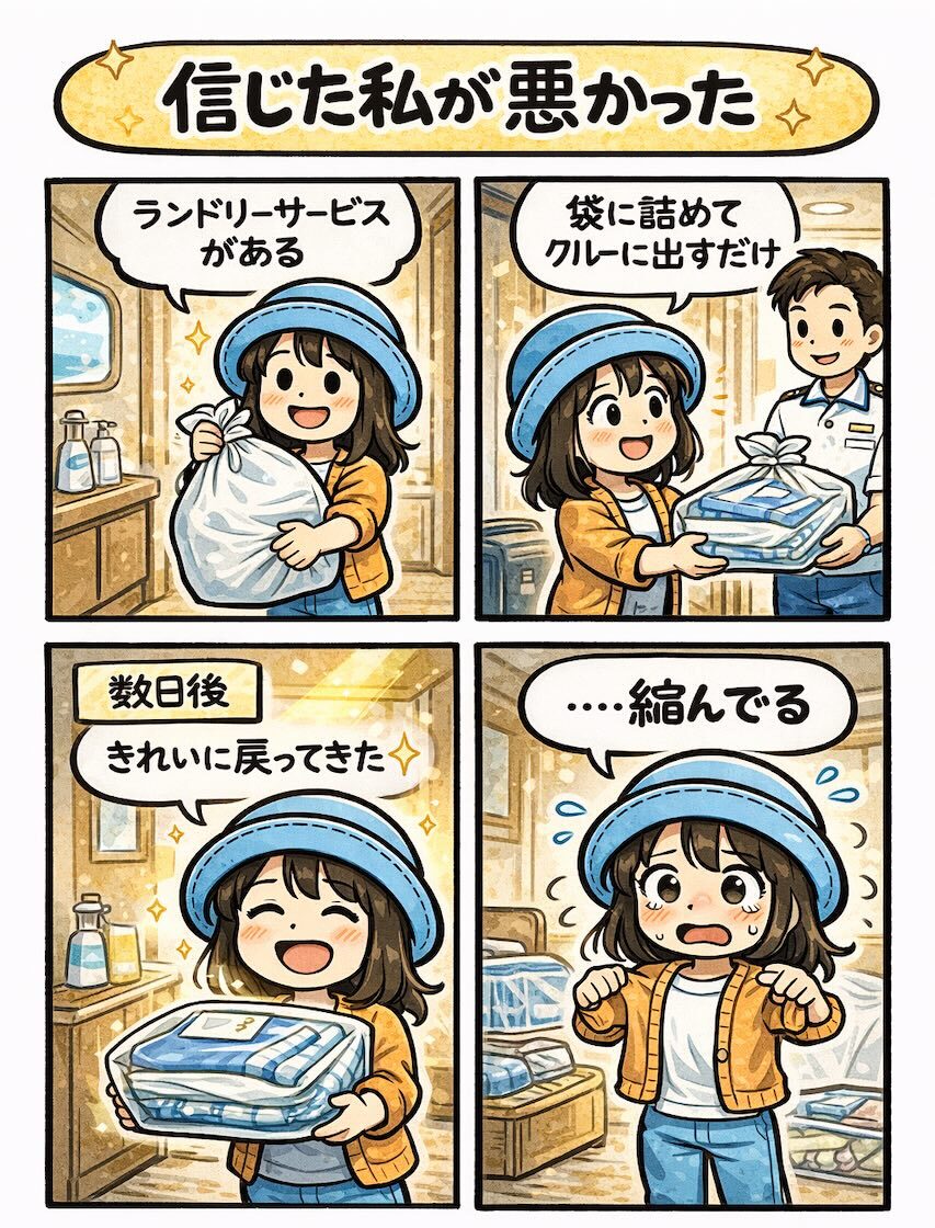 ピースボートのランドリーサービスを利用したところ、洗濯物は綺麗に戻ってきたが、お気に入りの服が縮んでしまい後悔する体験を描いた4コマ漫画