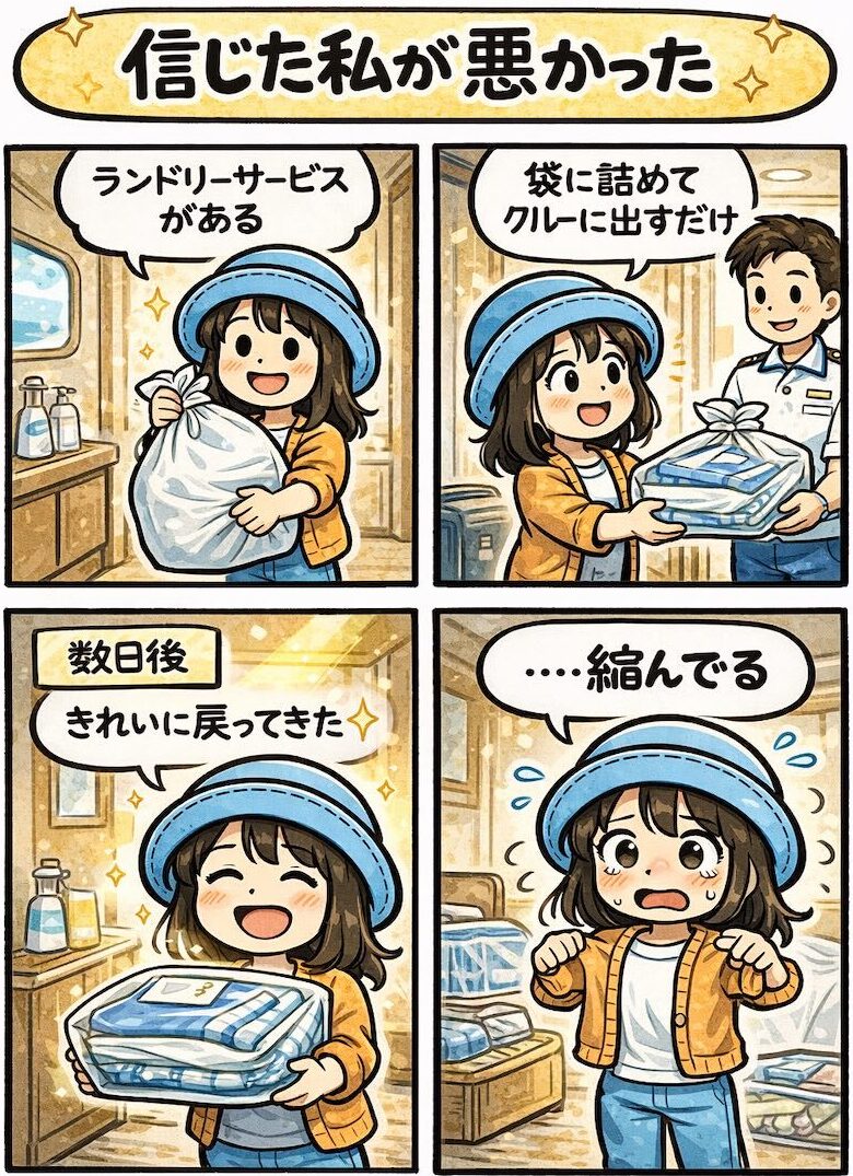 ピースボートのランドリーサービスを利用したところ、洗濯物は綺麗に戻ってきたが、お気に入りの服が縮んでしまい後悔する体験を描いた4コマ漫画