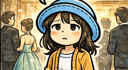 ピースボートに大量の服を持参したにもかかわらず、フォーマルな服を一着も持ってこなかったことを後悔する場面を描いた4コマ漫画のアイキャッチ