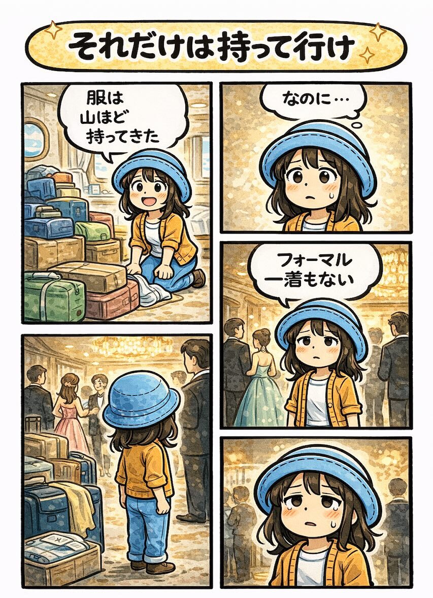 ピースボートに大量の服を持参したにもかかわらず、フォーマルな服を一着も持ってこなかったことを後悔する場面を描いた4コマ漫画