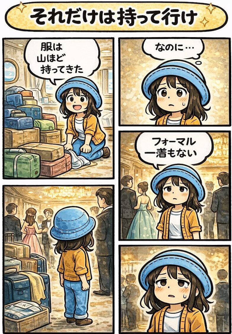 ピースボートに大量の服を持参したにもかかわらず、フォーマルな服を一着も持ってこなかったことを後悔する場面を描いた4コマ漫画