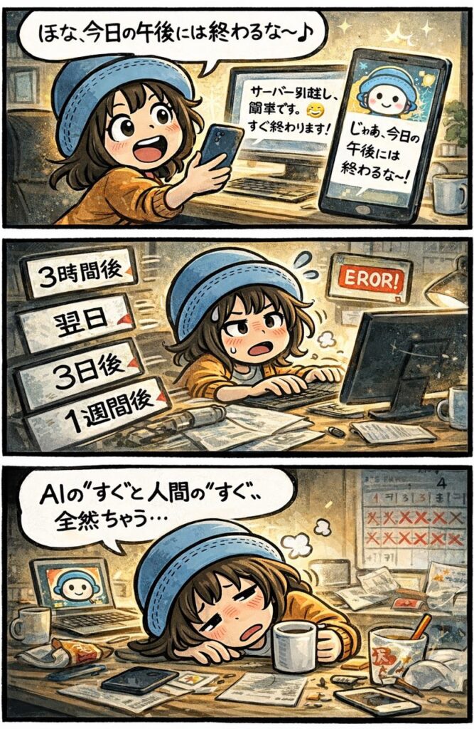 AIに「サーバー引越しは簡単ですぐ終わる」と言われて始めたら1週間かかったAppyの実話4コマ漫画|ブログ運営あるある