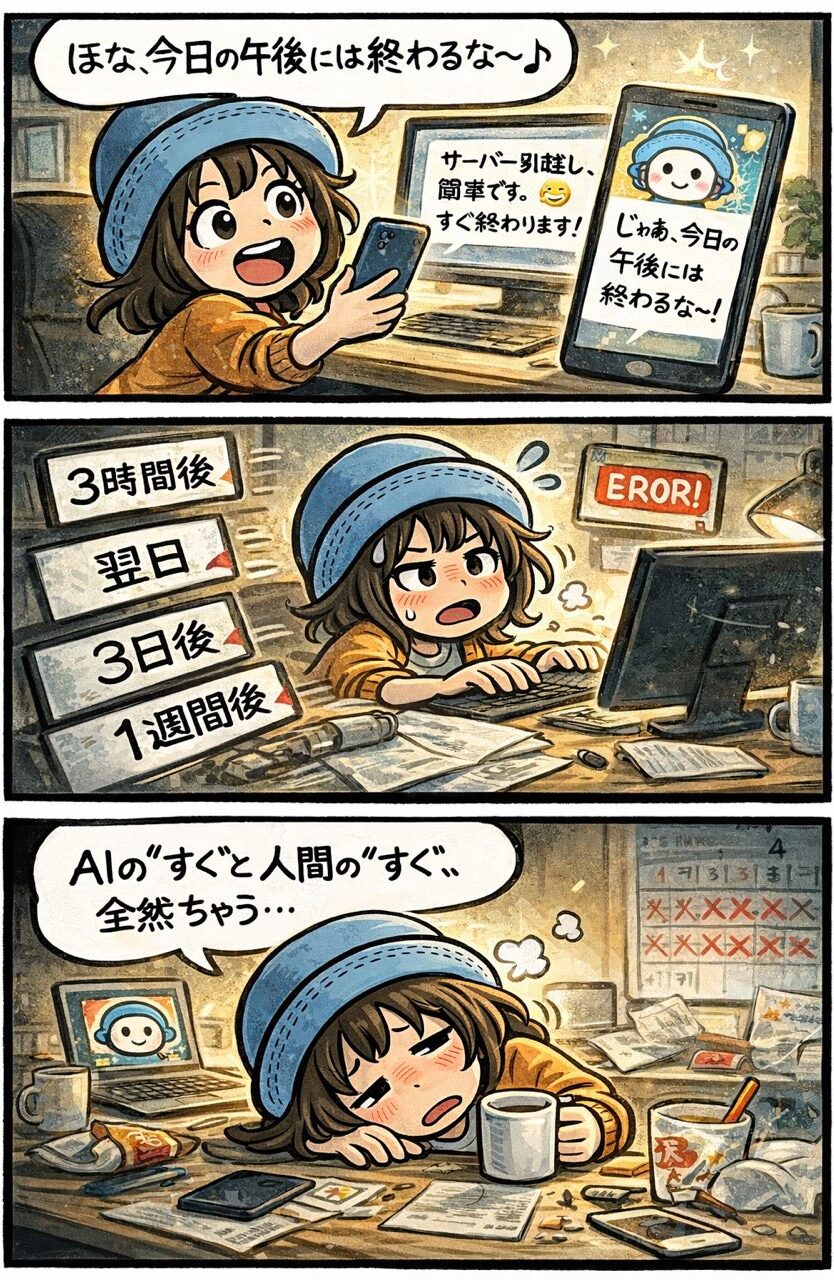 AIに「サーバー引越しは簡単ですぐ終わる」と言われて始めたら1週間かかったAppyの実話4コマ漫画｜ブログ運営あるある