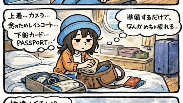 ピースボートでのクルーズ中、アイルランド寄港日を迎えたAppyが、快適な船内生活に慣れすぎて下船準備が面倒に感じる様子を描いた漫画。旅が日常化するクルーズならではの「寄港地ちょい大仕事」あるあるをユーモラスに表現。