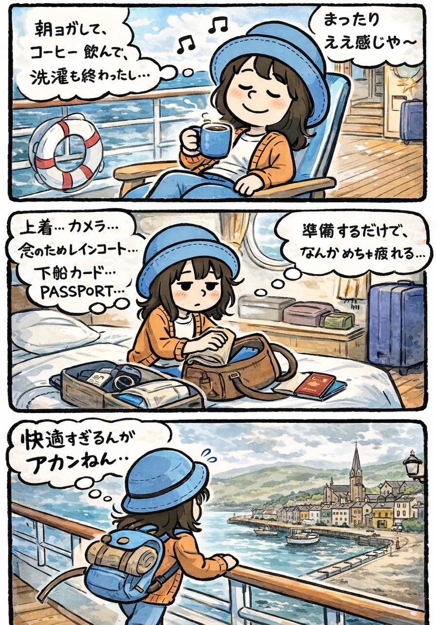 ピースボートでのクルーズ中、アイルランド寄港日を迎えたAppyが、快適な船内生活に慣れすぎて下船準備が面倒に感じる様子を描いた漫画。旅が日常化するクルーズならではの「寄港地ちょい大仕事」あるあるをユーモラスに表現。