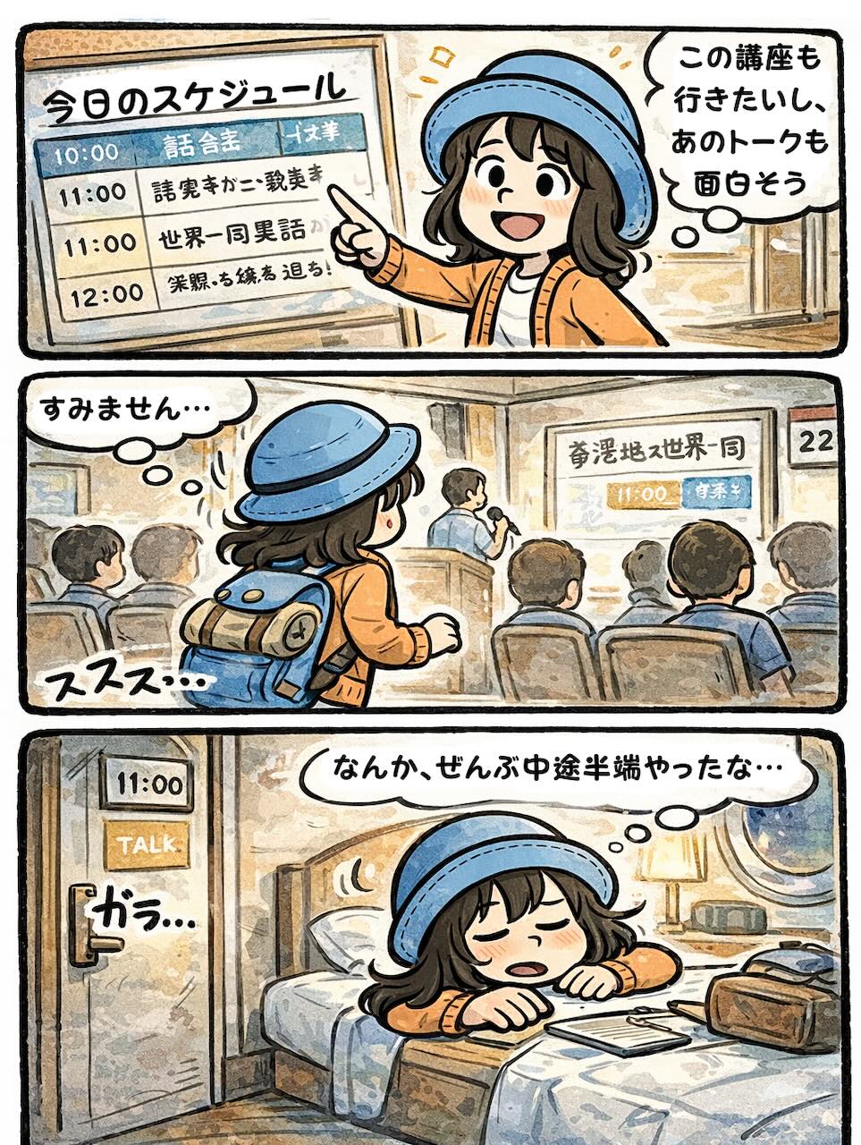 ピースボート船内でAppyがスケジュール表を見て、全プログラムに参加しようと意気込むが、早退と遅刻を繰り返して結局どれも中途半端になる様子を描いた4コマ漫画。講座やトークイベントのはしごで空回りしてしまう“クルーズ初心者あるある”をユーモラスに表現。