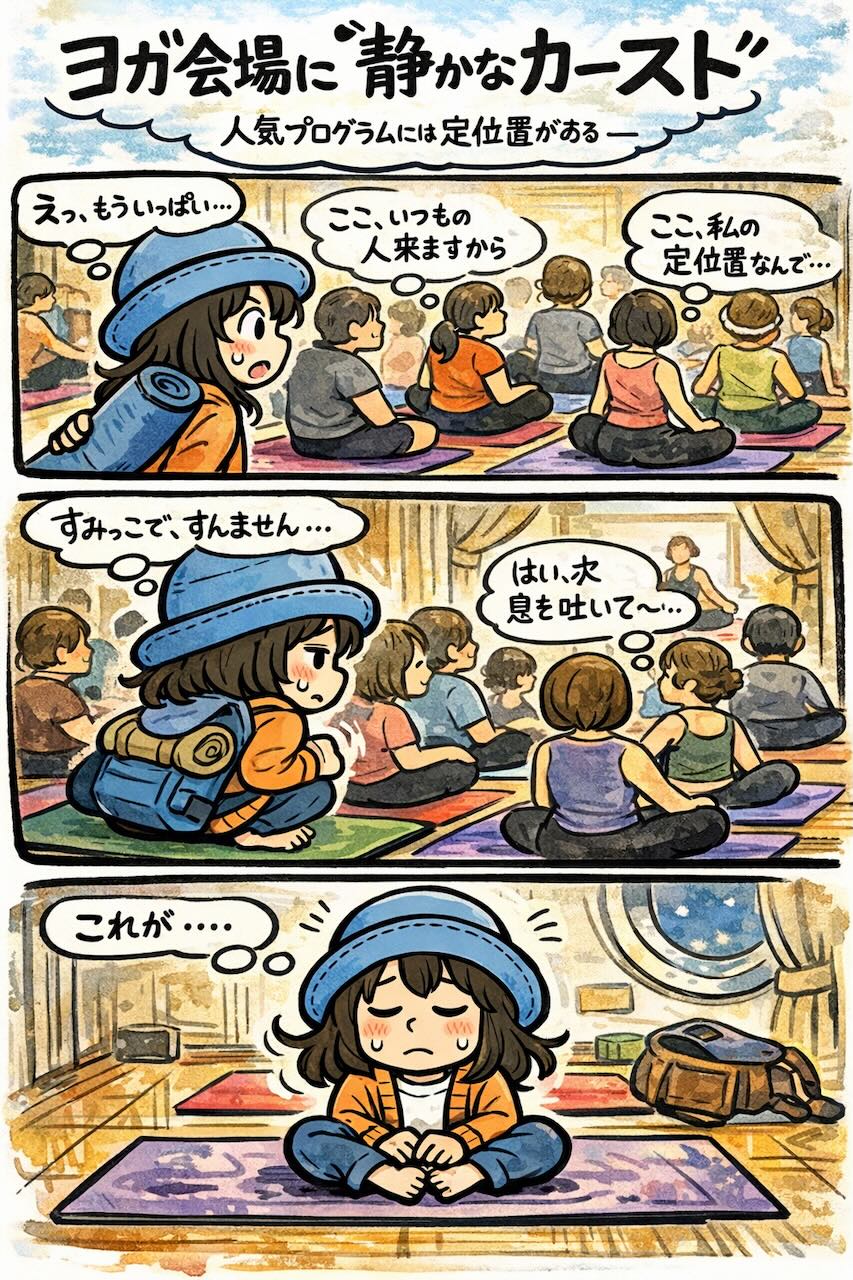 ピースボートの人気ヨガプログラムで、常連参加者たちの“定位置文化”に直面したAppyが、隅っこで小さくなる様子を描いた4コマ漫画。静かに形成されたヨガ会場内のカースト制度をユーモラスに表現し、クルーズ船内プログラムのリアルな“あるある”を切り取る。
