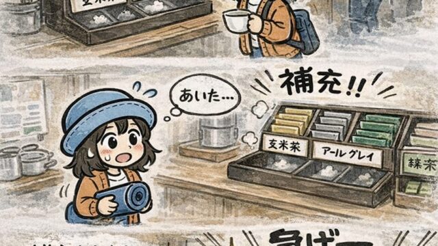 ピースボートの船内ビュッフェで、お茶コーナーに並ぶ玄米茶やアールグレイのティーバッグが補充と同時に争奪戦になる様子を描いた4コマ漫画。人気の玄米茶とアールグレイはすぐになくなる船内あるある。