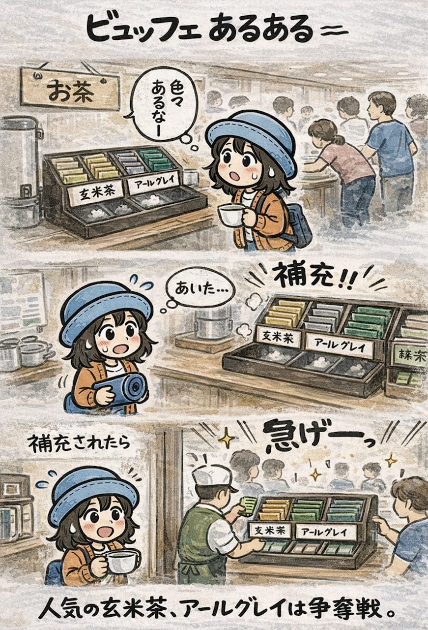 ピースボートの船内ビュッフェで、お茶コーナーに並ぶ玄米茶やアールグレイのティーバッグが補充と同時に争奪戦になる様子を描いた4コマ漫画。人気の玄米茶とアールグレイはすぐになくなる船内あるある。