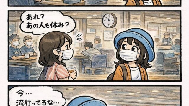 ピースボート船内で咳が広がり「体調不良の波」を感じてマスクするAppyの漫画（船内あるある・休んでる人が増える・感染症対策）