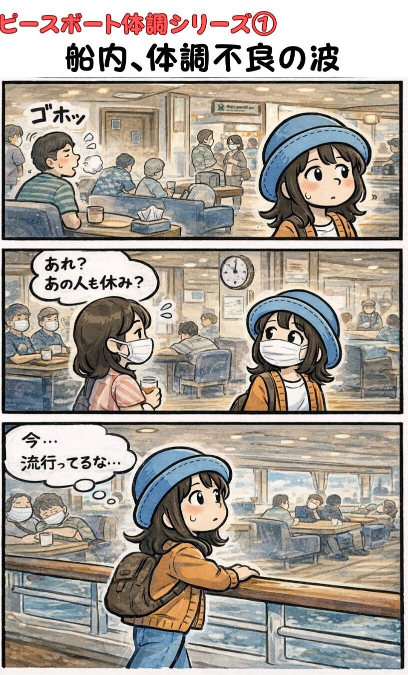 ピースボート船内で咳が広がり「体調不良の波」を感じてマスクするAppyの漫画（船内あるある・休んでる人が増える・感染症対策）