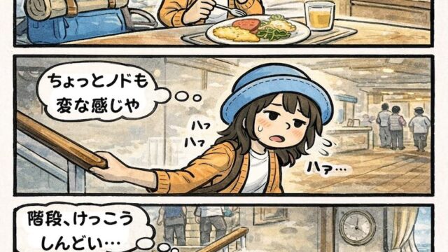 ピースボート船内で「なんか熱っぽい…」と感じつつ気のせいにしたい朝、階段がしんどくて部屋に戻って寝落ちするAppyの漫画（体調不良あるある・風邪前兆）