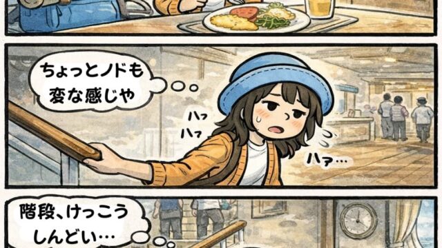ピースボート船内で「なんか熱っぽい…」と感じつつ気のせいにしたい朝、階段がしんどくて部屋に戻って寝落ちするAppyの漫画（体調不良あるある・風邪前兆）