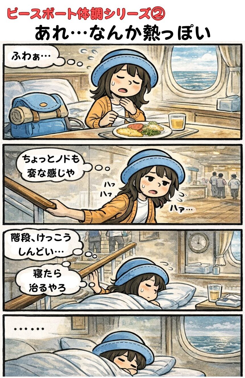 ピースボート船内で「なんか熱っぽい…」と感じつつ気のせいにしたい朝、階段がしんどくて部屋に戻って寝落ちするAppyの漫画(体調不良あるある・風邪前兆)