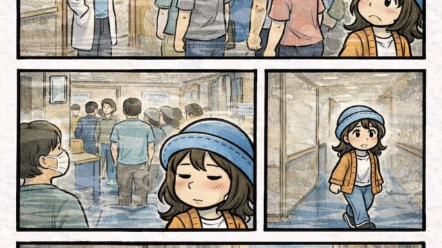 ピースボート船内で体調不良が続き医務室に行ったら「ただいま2時間待ちです」と言われて満員、部屋に戻って「船って街やねんな…」と実感するAppyの漫画（船内診療・風邪流行）